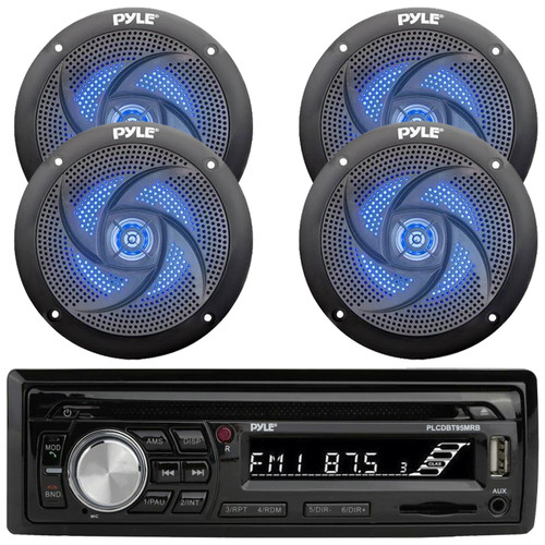 Pyle PLCDBT95 Single DIN Marine Bluetooth USB/AUX CD/MP3 Player AM/FM Radio In Dash Stereo Receiver, 4x 5.25" 180W Max Power 2-Way Waterproof Low Profile Slim Style Blue LED Black Audio Speakers