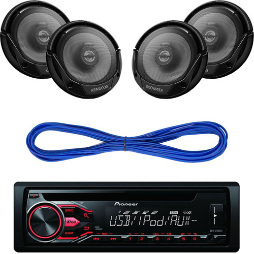 Pioneer DEH-X2800UI Single Din In Dash CD Player Receiver with USB, AUX, Mixtrax, Remote Control, Kenwood KFC-1665S 6 1/2" Sport Series 2-Way Flush Mount Coaxial Car Speakers, 14 Gauge 50 Foot Speaker Wire