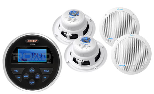 4 White Marine 5.25" Speakers, Jensen Round MS30 Marine USB AUX AM FM Receiver
