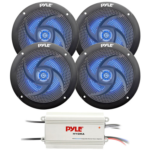 Pyle PLMRMB4CW 4-Channel Waterproof Marine Bluetooth Amplifier Bundle Combo Two Pairs (QTY 4) Of Pyle PLMRS43BL 4" 100 Watt Max Power 2-Way Low Profile Blue Flashing LED Boat Audio Speakers
