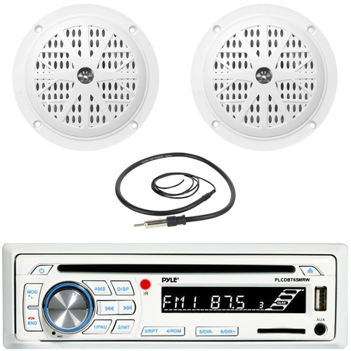 Pyle PLCDBT65 Single DIN Marine Bluetooth USB/AUX CD Player AM/FM Radio Stereo Receiver, 2x Pyle PLMR41W 4'' 100 Watt Max Power Dual Cone Waterproof White Stereo Speakers, 22" Radio Antenna