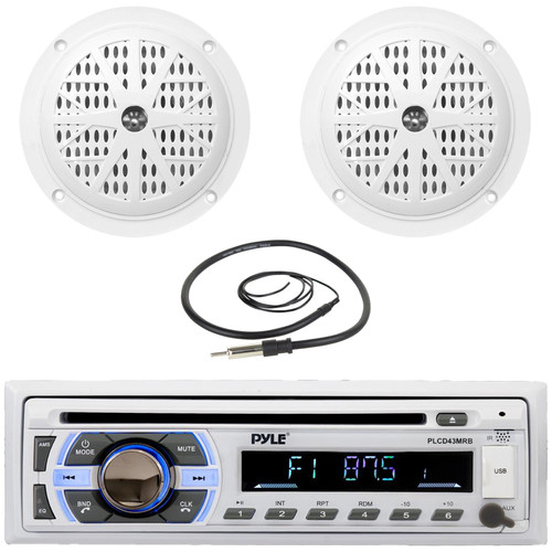 Pyle PLCD43MRB Single DIN Marine Bluetooth USB/AUX MP3 Player AM/FM Radio In-Dash Stereo Head Unit Receiver, 2x 4'' 100 Watt Max Power Dual Cone Waterproof White Stereo Speakers, 22" Radio Antenna