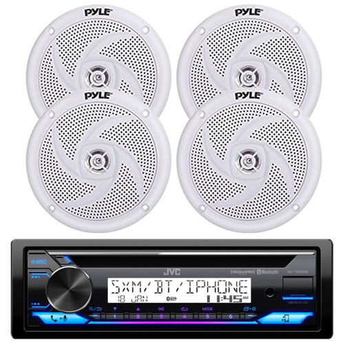 JVC KD-T92MBS Single DIN Marine MotorSports Bluetooth USB/AUX CD Player AM/FM Radio Stereo Receiver, 4x Pyle PLMRS5W 5.25" 180W Max Power 2-Way Waterproof Low Profile Slim Style Boat White Speakers