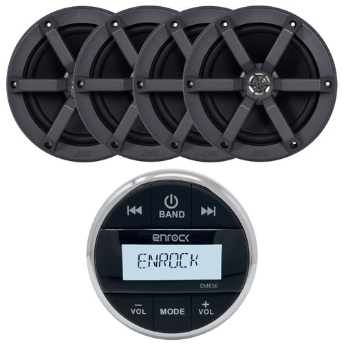 Enrock EM856 Marine Bluetooth USB/AUX AM/FM Radio Weather-Resistant Gauge Style Digital Media Receiver w/Wireless Audio Steaming, 4x JVC CS-MS620 6.5" 100 Watts Max Power 2-Way Boat Speakers