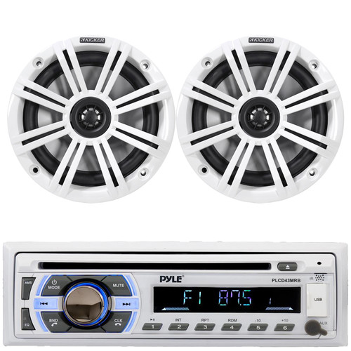 Pyle PLCD43MRB Single DIN Marine Bluetooth USB/AUX MP3 Player AM/FM Radio In-Dash Stereo Head Unit Receiver, 2x Kicker 6.5" 195 Watt Max Power 4 Ohm Coaxial Speakers with White Grilles