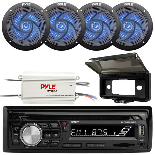 Pyle PLCDBT95 Single DIN Marine Bluetooth USB/AUX MP3/CD Player AM/FM Radio In Dash Stereo Receiver W/Black Cover, 4x 5.25" 180W Max 2-Way Low Profile Blue LED Black Speakers, 4-Channel Amplifier
