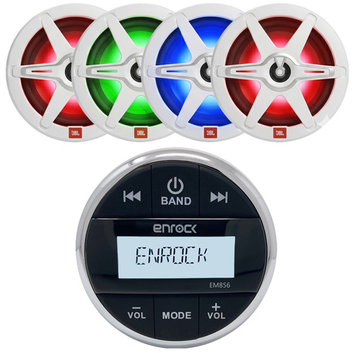 Enrock EM856 Weather-Resistant Gauge Style Digital Media Receiver w/Wireless Audio Steaming with 8" 450 Watt Peak 2-Way Marine Multicolor LED Boat Audio Speakers w/White and Gray Grilles (Qty 4)