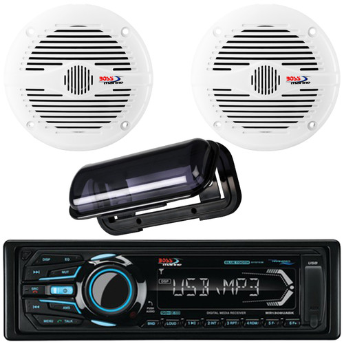 Boss Audio Systems MR1308UABK Single Din Marine Mechless Bluetooth USB/AUX MP3 Player AM/FM Radio Receiver W/Black Cover, 2x 5.25'' 150 Watt Max Power 2-Way Weatherproof White Coaxial Boat Speakers