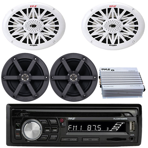 Pyle PLCDBT95 Single DIN Marine Bluetooth USB/AUX MP3/CD Player AM/FM Radio In-Dash Stereo Receiver, 2x 6x9" 260W Max Full-Range White Speakers, 2x 6.5" 100W Max 2-Way Speakers, 4 Channel Amplifier