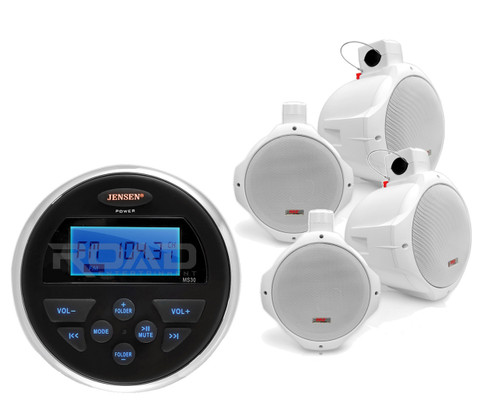 4 White 8" Marine Wakeboard Speakers, Jensen MS30 Marine AM FM AUX USB Receiver