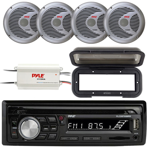 Pyle PLCDBT95 Single DIN Marine Bluetooth USB/AUX MP3/CD Player AM/FM Radio In Dash Stereo Receiver W/Black Cover, 4x 6.5'' 150W Max 2 Way Silver Speakers, 4-Channel Waterproof Bluetooth Amplifier