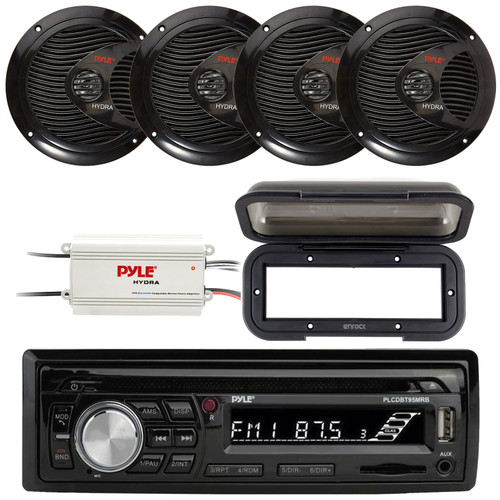 Pyle PLCDBT95 Single DIN Marine Bluetooth USB/AUX MP3/CD Player AM/FM Radio In Dash Stereo Receiver W/Black Cover, 4x 6.5" 150W Max Full Range Dual Cone Waterproof Black Speakers, 4-Channel Amplifier