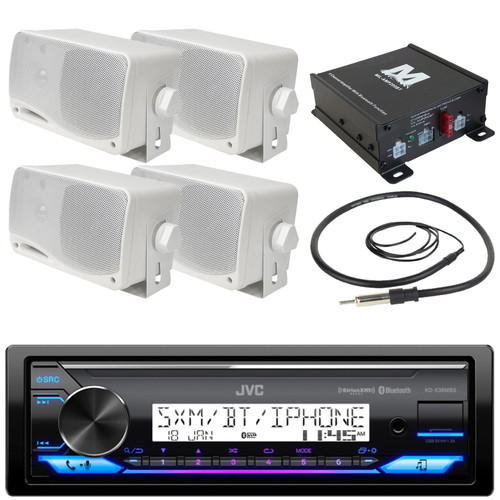 JVC KD-X38MBS Single DIN Marine MotorSports Bluetooth USB/AUX LED Illumination AM/FM Radio SiriusXM Ready Stereo Receiver, 4x 3.5'' 200W Max 3-Way Mini Box White Speakers, 4-Channel Amplifier, Antenna