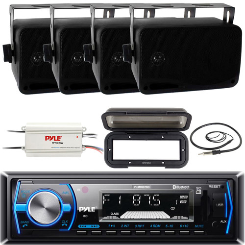 Pyle PLMRB29B Single DIN Marine Bluetooth USB/AUX MP3 Player AM/FM Radio In-Dash Black Stereo Receiver W/Black Cover, 4x 3.5" 200W Max 3-Way Indoor/Outdoor Speakers, 4-Channel Amplifier, Antenna