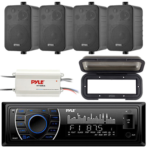Pyle PLRMR27BTB Single DIN Marine Bluetooth USB/AUX MP3 Player AM/FM Radio Stereo Receiver W/Black Cover, 4x 4" 30 Watts Max Power 3-Way Indoor/Outdoor Black Speakers, 4-Channel Bluetooth Amplifier