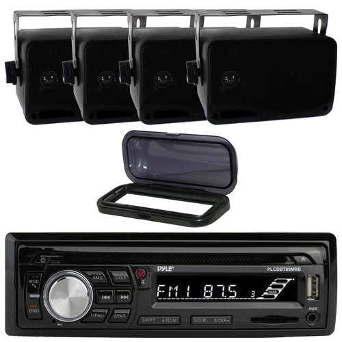 Pyle PLCDBT95 Single DIN Marine Bluetooth USB/AUX MP3/CD Player AM/FM Radio In-Dash Stereo Receiver w/Black Cover, 4x 3.5" 200 Watt Max Power 3-Way Indoor/Outdoor Wall Mount Black Audio Speakers