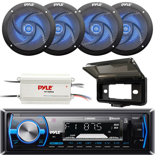 Pyle PLMRB29B Single DIN Marine Bluetooth USB/AUX MP3 Player AM/FM Radio In-Dash Black Stereo Receiver w/ Black Cover, 4x 5.25" 180W Max 2-Way Slim Style Blue LED Black Speakers, 4-Channel Amplifier