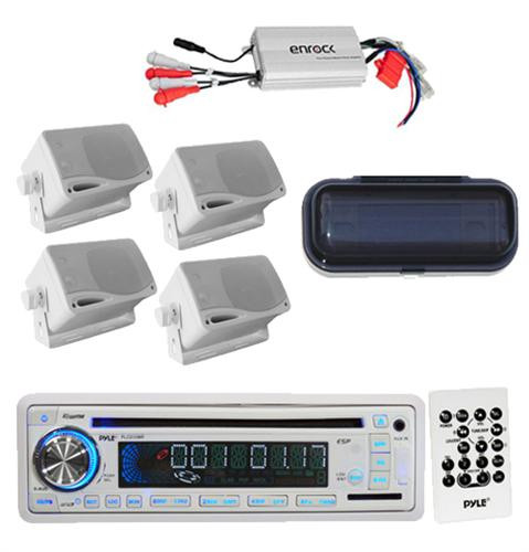 PLCD35MR InDash Boat CD USB SD Receiver w/Splash Cover Enrock Amp 4 Box Speakers