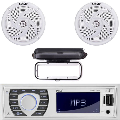 Pyle PLRMR23BTW Single DIN Marine Bluetooth USB/AUX MP3 Player AM/FM Radio In-Dash Stereo Receiver w/White Cover, 2x 5.25" 180W Max 2-Way Waterproof Low Profile Slim Style Boat Audio White Speakers