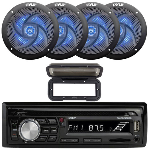 Pyle PLCDBT95 Single DIN Marine Bluetooth USB/AUX CD/MP3 Player AM/FM Radio In Dash Stereo Receiver W/Black Cover, 4x 5.25" 180W Max 2-Way Waterproof Low Profile Slim Style Blue LED Black Speakers