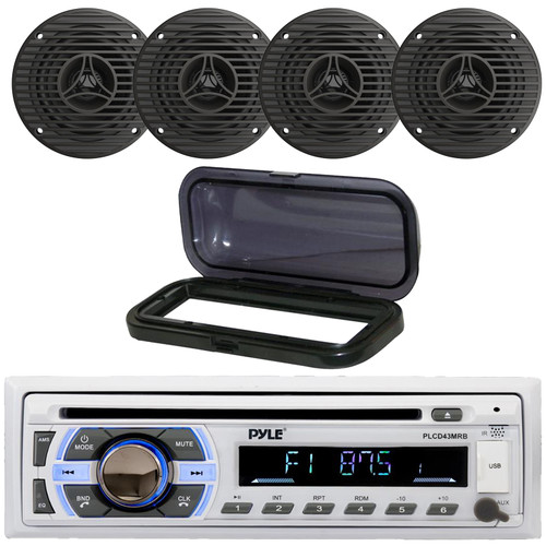 Pyle PLCD43MRB Single DIN Marine Bluetooth USB/AUX MP3 Player AM/FM Radio In-Dash Stereo Head Unit Receiver w/Black Cover, 4x 3.5" 75W Max High-Performance Full-Range All-Weather Graphite Speakers