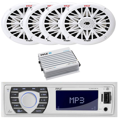 Pyle PLRMR23BTW Single DIN Marine Bluetooth USB/AUX MP3 Player AM/FM Radio In-Dash Stereo Receiver, 4x 6x9" 260 Watt Max Power 2 Way Full Range White Boat Speakers, 4 Channel 400 Watt Max Amplifier