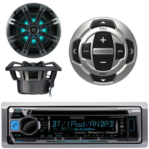 Kenwood KMR-D368BT Marine Boat Yacht CD MP3 Bluetooth Stereo AM/FM iPod iPhone Radio Player, Kenwood KCA-RC35MR Wired Remote, Kicker KM654LCW 6.5 Inch 2-way Marine Speaker Pair with Built-In LED Lighting