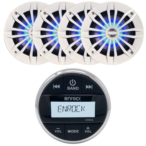 Enrock EM856 Marine Bluetooth USB/AXU AM/FM Radio Weather-Resistant Gauge Style Digital Media Receiver, 4x Enrock EMLED265W 6.5" 180 Watt Max Power 2-Way Blue LED White Boat Speakers