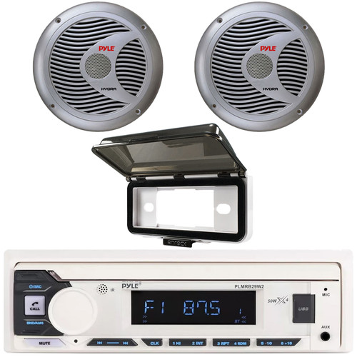 Pyle PLMRB29W2 Single DIN Marine Bluetooth USB/AUX MP3 Player AM/FM Radio Stereo Receiver w/White Cover, 2x Pyle PLMR60S 6.5" 150 Watt Max Power 2 Way Silver Boat Speakers