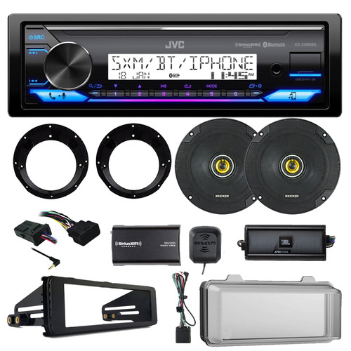 JVC KD-X38MBS Single DIN Marine Bluetooth USB AUX Stereo Receiver, 2x Kicker 6.5" 2-Way 300W Speakers, Mounting Adapters, Cover, 4-Channel Amp, SiriusXM Tuner, Handlebar Controls (Harley 98-13)