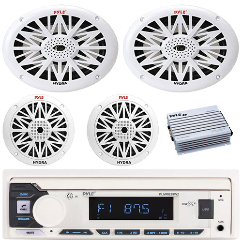 Pyle PLMRB29W2 Single DIN Marine Bluetooth USB/AUX MP3 Player AM/FM Radio Stereo Receiver, 2x 6x9" 260W Max 2 Way Full Range Speakers, 2x 6.5'' 200W Max Water-Resistant Speakers, 4 Channel Amplifier
