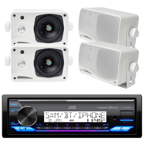 JVC KD-X38MBS Single DIN Marine Bluetooth USB AUX AM/FM Stereo Receiver, 4x Pyle PLMR24 3.5'' 200 Watt 3-Way Weatherproof Mini Box Speaker (White)