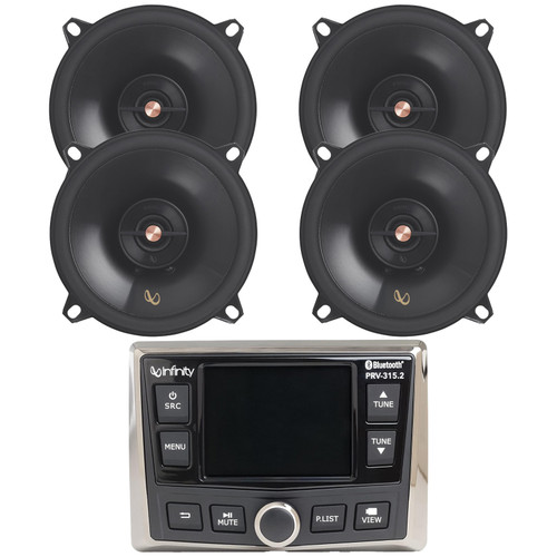 Infinity PRV-315.2 Marine Gauge Hole Mount USB Bluetooth AM/FM/WB Radio Receiver, Infinity Primus PR5012IS 5.25" 120 Watt Peak Power 2-Way Multi-Element Speakers (QTY 4)