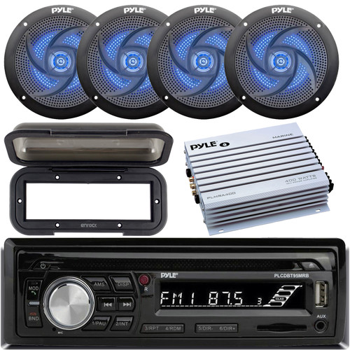 Pyle PLCDBT95 Single DIN Marine Bluetooth USB/AUX MP3/CD Player AM/FM Radio In-Dash Stereo Receiver W/Black Cover, 4x 4" 100W Max 2-Way Low Profile Blue Flashing LED Boat Speakers, 4-Channel Amplifier