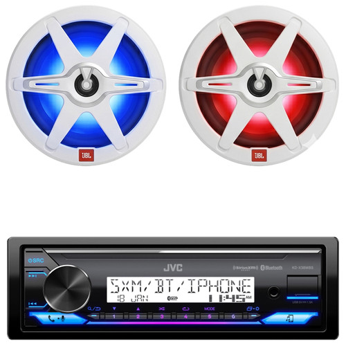 JVC KD-X38MBS Single-DIN Marine MotorSports Bluetooth USB/AUX LED Illumination AM/FM Radio SiriusXM Ready Stereo Receiver, 2x JBL 8" 450W Max 2-Way Boat RGB LED Speakers W/White and Gray Grilles
