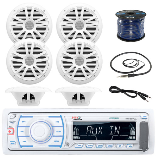 Boss Marine Single Din Receiver, Boss Audio 6.5'' WeatherProof Marine Speakers (White)(3 Pairs), Boss Audio 45 Marine Antenna (Black), Boss 3' Aux Cable, Enrock Marine: 50ft 16-Gauge Speaker Wire