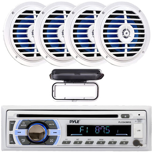 Pyle PLCD43MRB Single DIN Marine Bluetooth USB/AUX MP3 Player AM/FM Radio In-Dash Stereo Head Unit Receiver w/White Cover, 4x 5.25" 180W Max Power 2-Way Waterproof Low Profile Slim Style Speakers