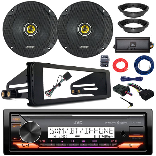 JVC KD-X38MBS Single DIN Marine Bluetooth USB/AUX LED AM/FM Radio Stereo Receiver W/Install Kit, 2x 6.5" 300W Max Speakers W/Adapters, Handlebar Control Interface, Amplifier w/Kit, Antenna, Wire