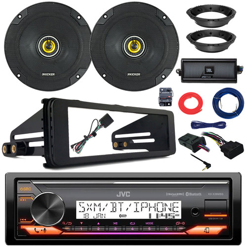 JVC KD-X38MBS Single DIN Marine Bluetooth USB/AUX LED AM/FM Radio Stereo Receiver W/Install Kit, 2x 6.5" 300W Max Speakers W/Adapters, Handlebar Control Interface, Amplifier w/Kit, Antenna, Wire