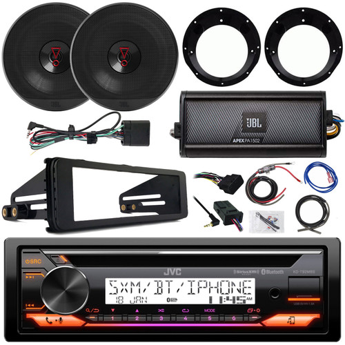 JVC KD-T92MBS Single DIN Marine Bluetooth USB AUX AM/FM CD Player Receiver, 2x JBL 6.5" 225W Peak Speakers w/Adapter, 2-Channel Amplifier w/Kit, Dash Kit, Handlebar Controls (Harley 1998-2013)