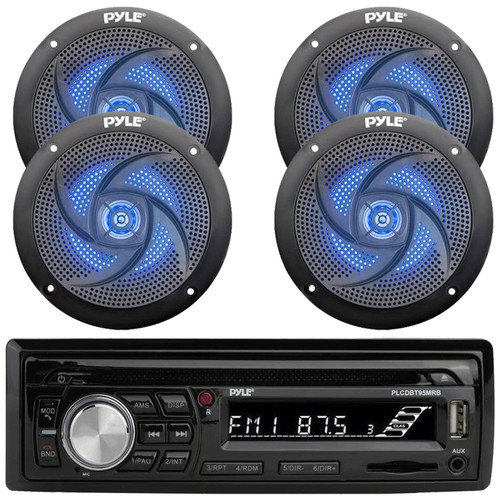 Pyle PLCDBT95 Single DIN Marine Bluetooth USB/AUX CD/MP3 Player AM/FM Radio In Dash Stereo Receiver, 4x 5.25" 180W Max Power 2-Way Waterproof Low Profile Slim Style Blue LED Black Audio Boat Speakers