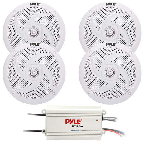 4x Pyle PLMRS6W 6'' 240 Watt Max Power Low Profile 2-Way White Boat Speakers, Pyle PLMRMB4CW 4-Channel Waterproof Boat Bluetooth Amplifier