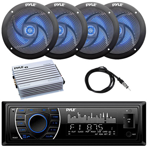 Pyle PLRMR27BTB Single DIN Marine Bluetooth USB/AUX MP3 Player AM/FM Radio Stereo Receiver, 4x 5.25" 180W Max 2-Way Low Profile Slim Style Blue LED Black Speakers, 4 Channel Amplifier, Radio Antenna