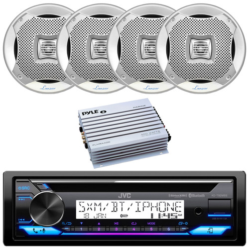 JVC KD-T92MBS Single DIN Marine MotorSports Bluetooth USB/AUX CD Player AM/FM Radio Stereo Receiver, 4x 5.25” 200W Max Power 2-Way Water Resistant Boat Silver Speakers, 4 Channel 400 Watt Amplifier