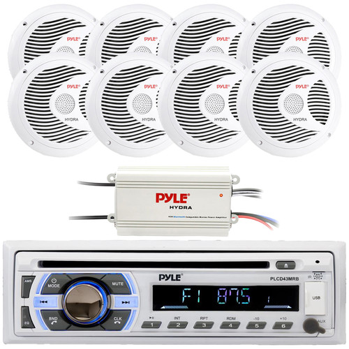 Pyle PLCD43MRB Single DIN Marine Bluetooth USB/AUX MP3 Player AM/FM Radio In-Dash Stereo Head Unit Receiver, 8x 6.5" 150W Max Full Range Dual Cone Waterproof White Boat Speakers, 4 Channel Amplifier