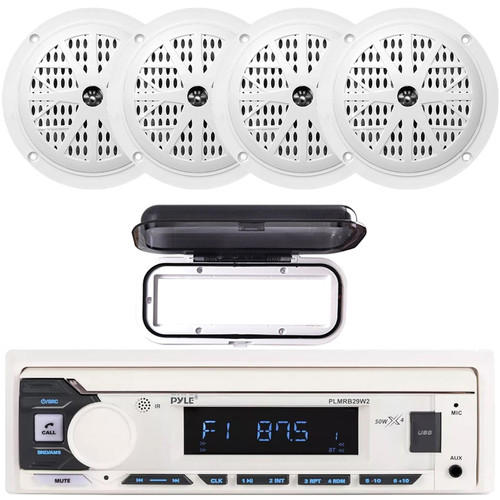 Pyle PLMRB29W2 Single DIN Marine Bluetooth USB/AUX MP3 Player AM/FM Radio Stereo Receiver w/White Cover, 4x Pyle PLMR41W 4" 100 Watt Max Power Dual Cone Waterproof White Stereo Speakers