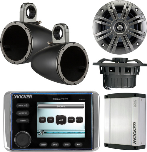Kicker KMC10 All In One Powersports Outdoor Stereo Radio Media Center With 3.5" Full Color LCD Display, Pair of Kicker 41KM652C 6.5" 2-Ohm Marine Speakers, Kicker 12KMTES 6.5-inch Tower Enclosure, Kicker 40KXM400.2 2-Channel Stereo Silver Amplifier