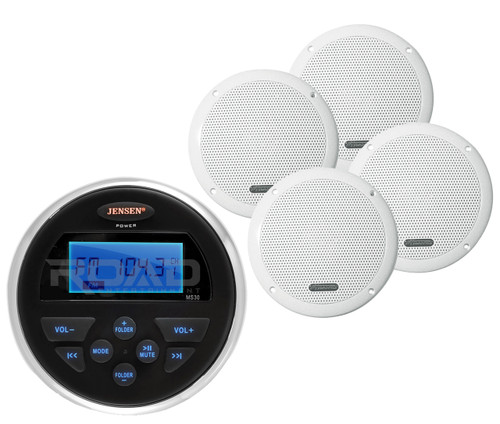 Jensen AM FM USB AUX Marine 160W Receiver, 4 Marine 6.5" Dual Cone 120W Speakers