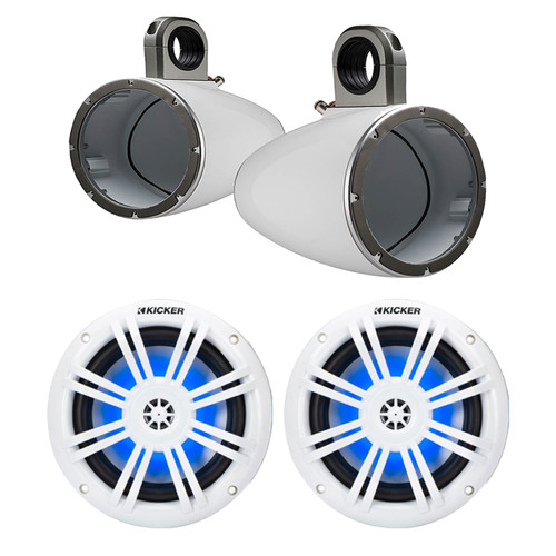 Kicker White Single Wakeboard Tower Enclosures with Pair (Qty 2) 6.5" 150 Watt Max Blue Flashing LED Boat Audio White Speakers
