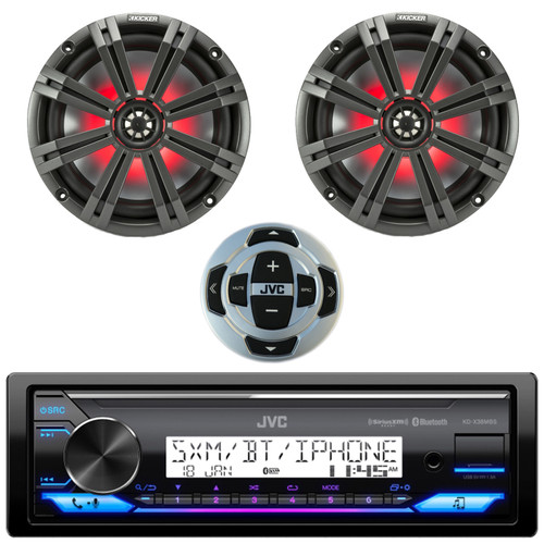 JVC KD-X38MBS Single DIN Marine MotorSports Bluetooth USB AUX LED Stereo SiriusXM Receiver, Wired Remote, 2x Kicker 41KM84LCW 8" LED Speakers with Grilles